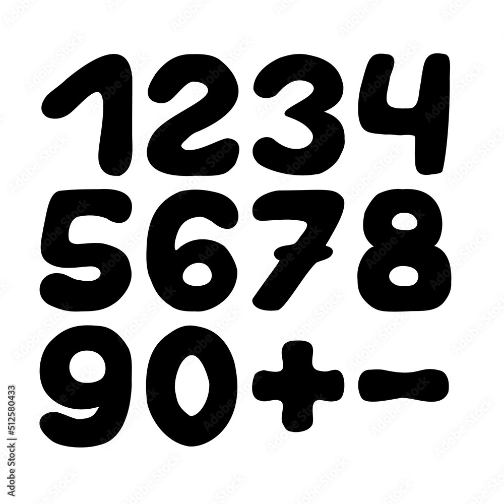 Cute figures, numbers with plus and minus sign in doodle style. Hand ...