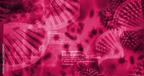 Image of dna strands and virus cells on red background