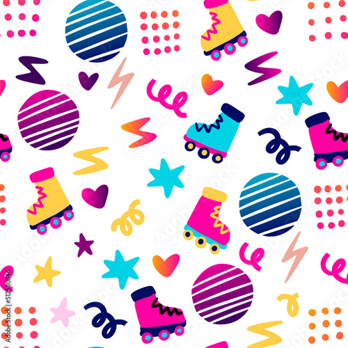 Roller skate party 70s 80s retro seamless pattern. Skating graphic background