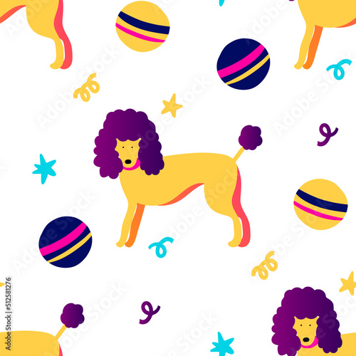 Dog and ball funky seamless vector pattern. Cute pet poodle