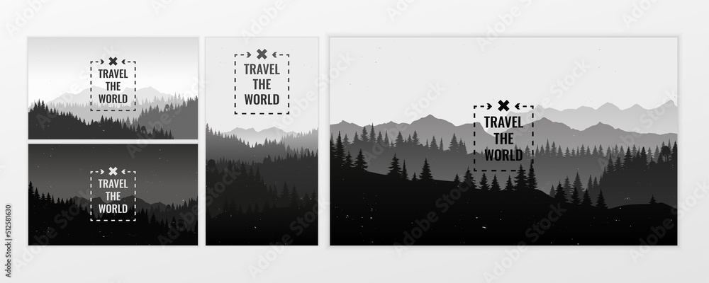 Travel discovering, exploring and observing nature. Black and white. Design web banner set. Flat landscape with mountains and forest silhouette vintage grunge texture. Vector background illustration. 
