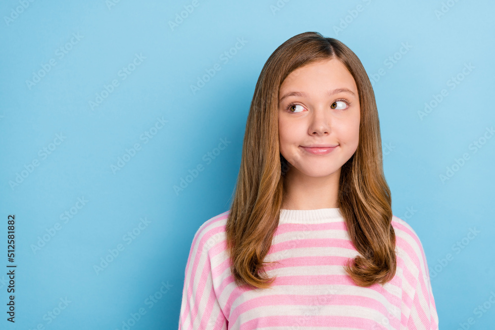 Photo of sweet teenager girl look promo wear white shirt isolated on blue color background Photo of sweet teenager girl look promo wear white shirt isolated on blue color background