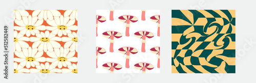 Set of retro 70s seamless pattern. Floral, swirl, mushrooms, peace symbol, camomile, smile