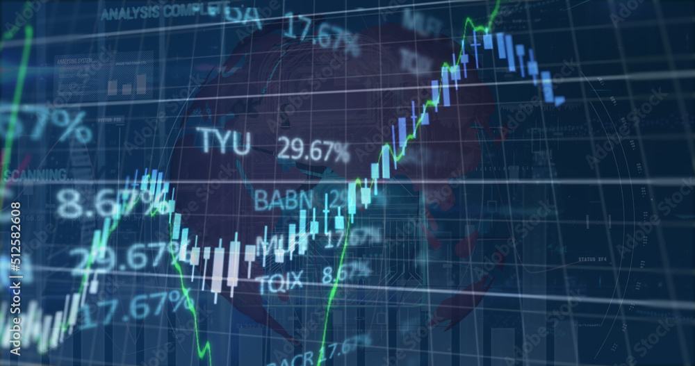 Image of financial data and graphs over rotating globe