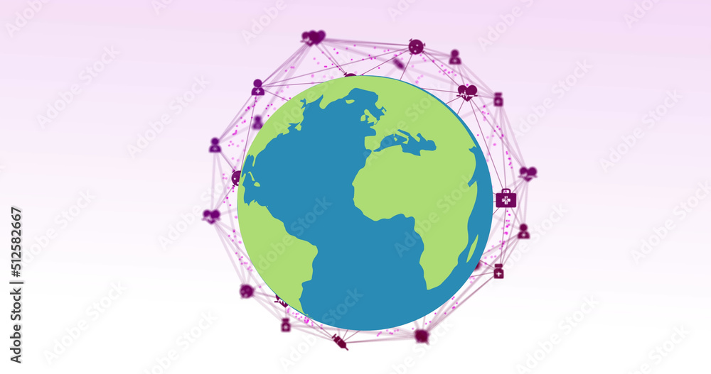 Image of network of connections with icons and globe on white background