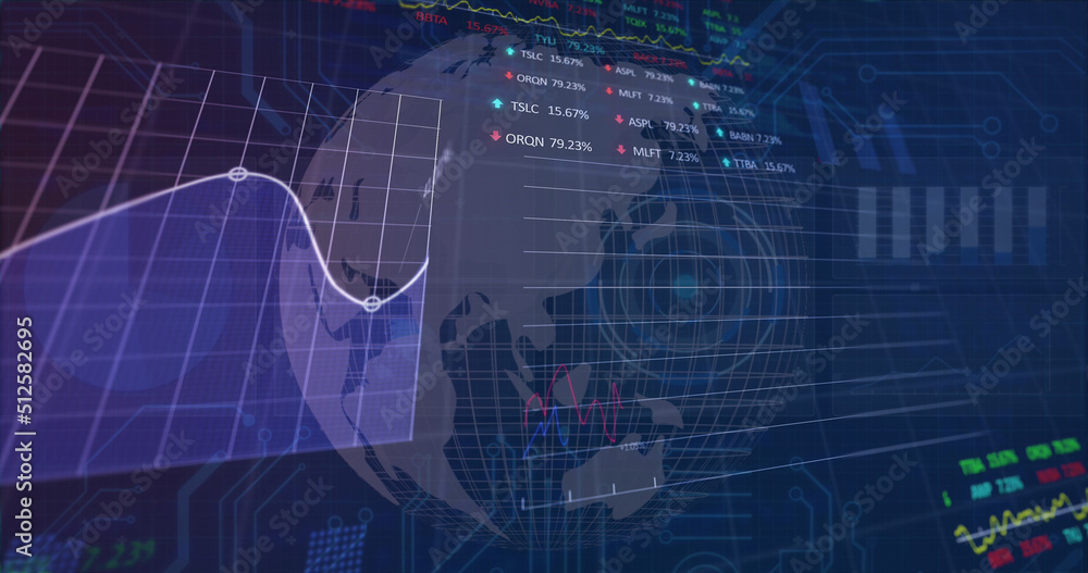 Image of financial data and graphs over rotating globe Image of financial data and graphs over rotating globe