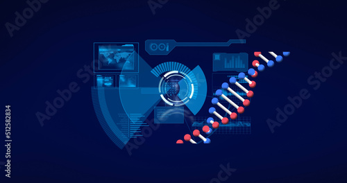 Image of digital interface with data processing and spinning dna strand over dark background