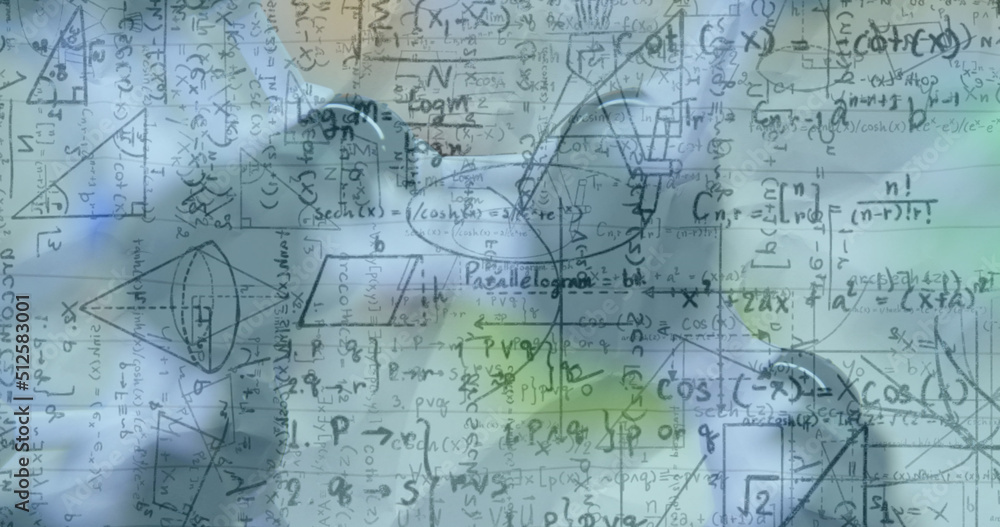 Image of mathematical equations over models in classroom Image of mathematical equations over models in classroom