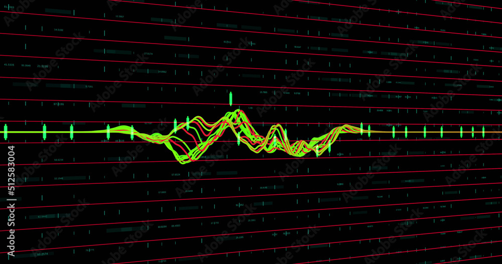 Fototapeta premium Image of red and green lines data processing over grid