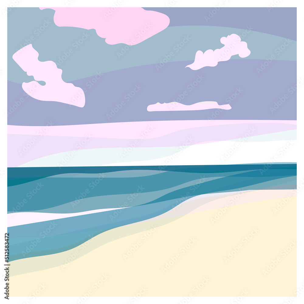 Ocean view minimalist background in pastel colours. Vector illustration, concept for card, banner, poster, flyer, print.