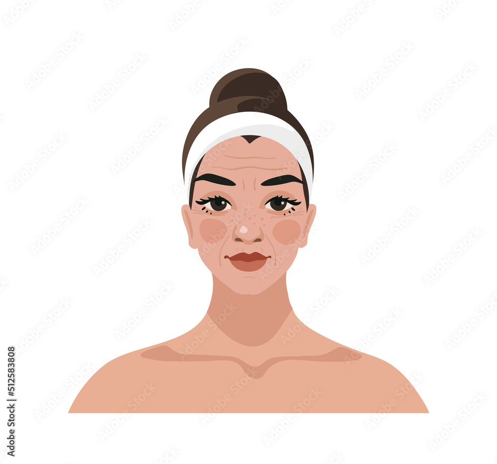 Middle aged woman with age changes flat cartoon icon isolated on white. Female portrait for advertising cosmetics, beauty treatments, beauty injections. Vector illustration of a beauty salon. Middle aged woman with age changes flat cartoon icon isolated on white. Female portrait for advertising cosmetics, beauty treatments, beauty injections. Vector illustration of a beauty salon.
