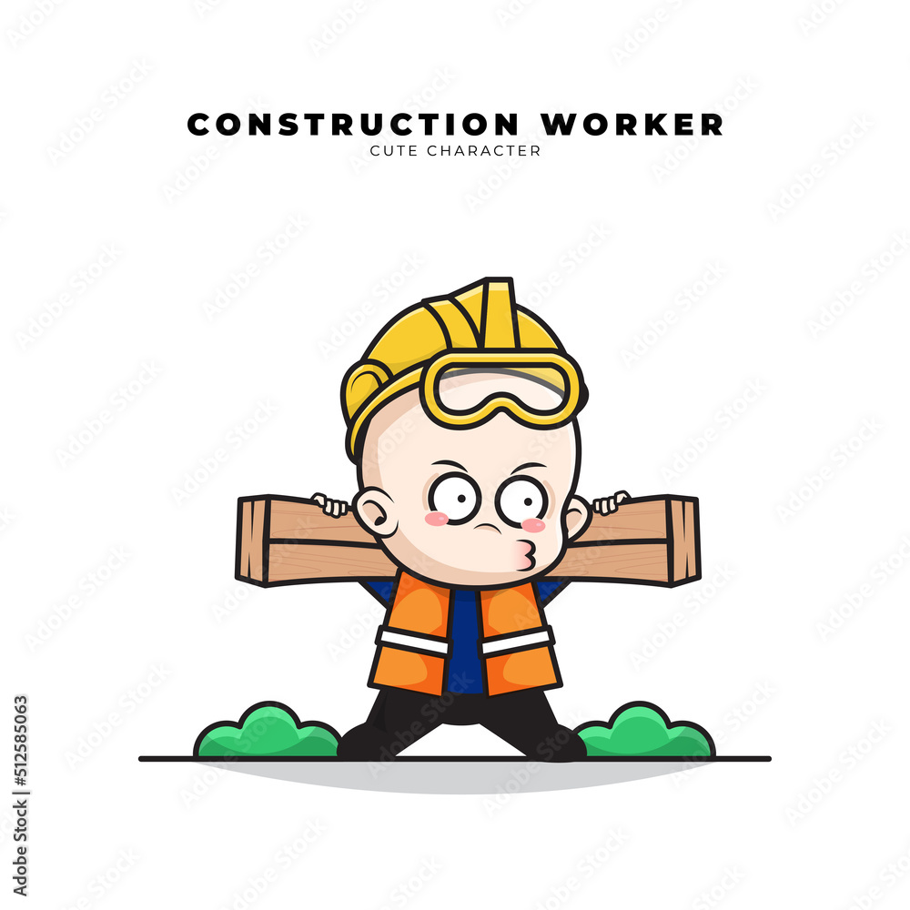 Cute cartoon character of baby construction worker was carrying wood Stock  Vector | Adobe Stock