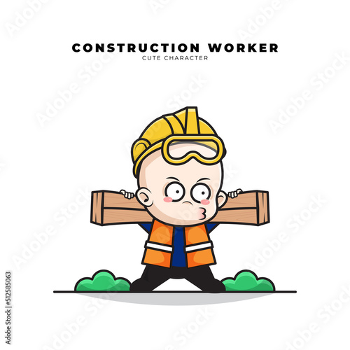 Cute cartoon character of baby construction worker was carrying wood