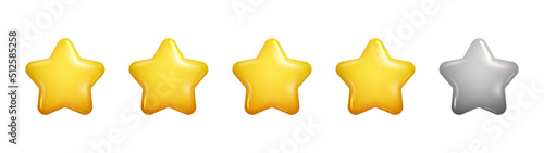 3d realistic five stars rating in yellow and grey colours. Realistic vector customer rating feedback. 3d Vector Elements.