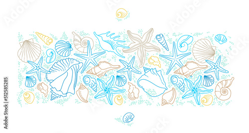 Vector frame, border, vignettes of line art tropical sea elements, seashells, starfish. Doodles of marine life. Sea decor. Ocean, sea creatures. Maritime illustration