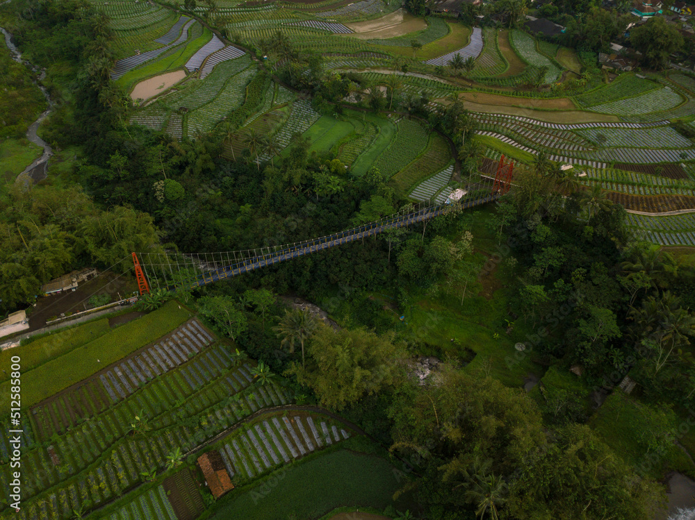 Metal suspension bridge built over a ravine with a river and terraced waterfall at the bottom. It surrounded by trees and vegetable plantation. It named Mangunsuko or Jokowi bridge, Indonesia
