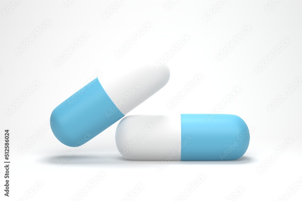 3D render, 3D illustration. Capsule pill. Medicine capsules isolated on white background.