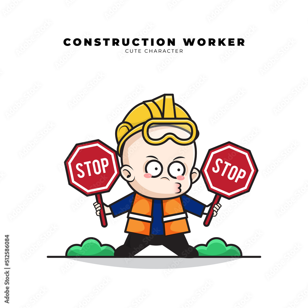 Cute cartoon character of baby construction worker was holding a stop sign in both hands Cute cartoon character of baby construction worker was holding a stop sign in both hands