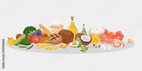 Set of healthy macronutrients. Fiber, proteins, fats and carbs presented by food products. Vector illustration of nutrition categories. Balanced nutrition. Healthy food