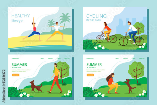 Summer activity web banner set. The concept of an active and healthy lifestyle. Vector illustration in flat style.