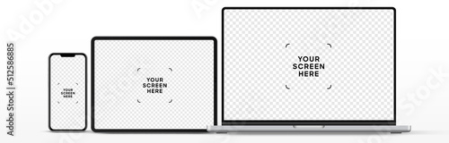 Modern laptop mockup front view and high quality smartphone and tablet mockup isolated on white background. Notebook mockup and phone device mockup for ui ux app and website presentation.Stock Vector.