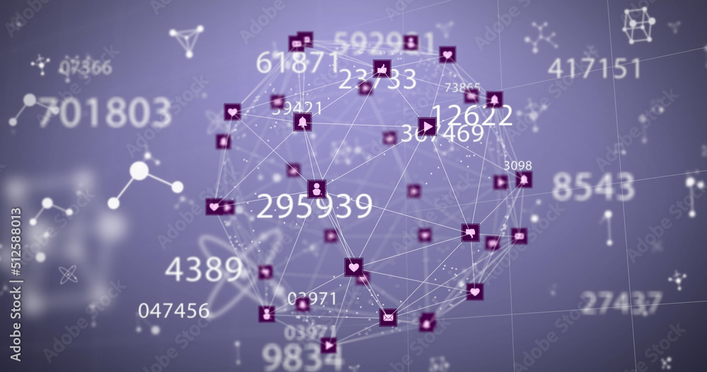 Image of globe of network of connections with icons and numbers Image of globe of network of connections with icons and numbers