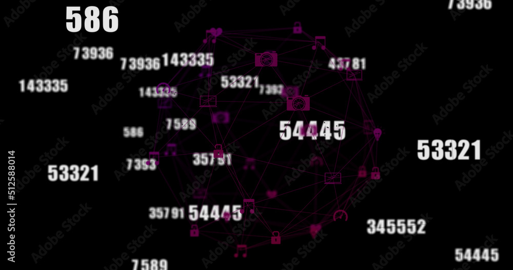 Image of globe of network of connections with icons and numbers Image of globe of network of connections with icons and numbers