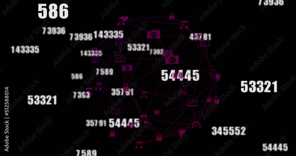 Image of globe of network of connections with icons and numbers