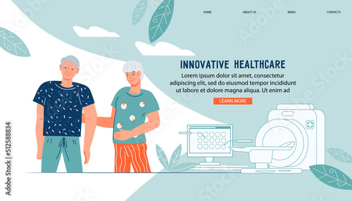 High-tech medicine and health screening for the elderly. MRI and ultrasound examinations for the elderly concept of web page, flat vector illustration.