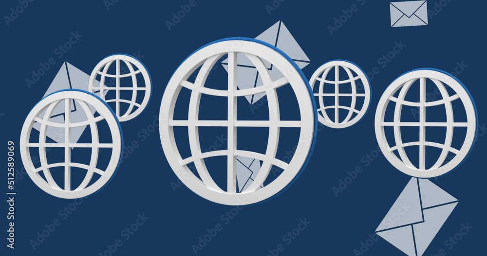 Image of globes and emails over navy background - obrazy, fototapety, plakaty 