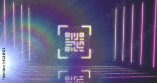 Image of neon qr code with lines and light trails over black background