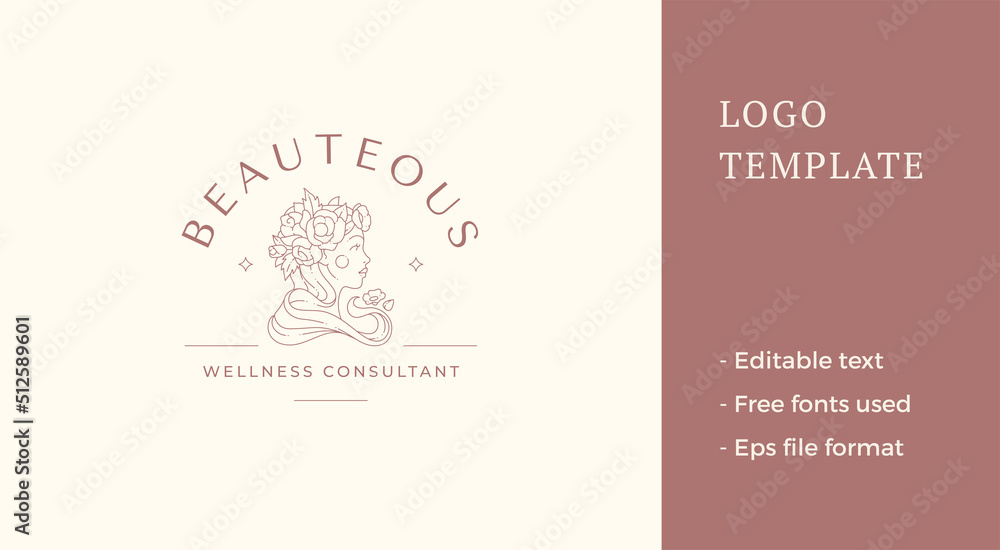 Fototapeta premium Romantic ancient woman head blossom rose flower wreath organic natural beauty care line logo vector