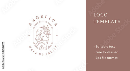 Minimalist fashion woman rose flower in long hair elegant portrait line logo vector illustration