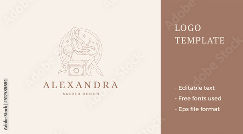 Female antique goddess naked body playing harp stars frame wellness monochrome line art logo vector