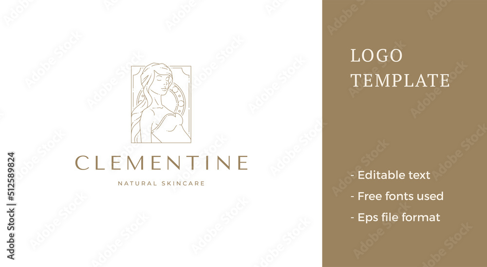 Fototapeta premium Fashion medieval woman with long beauty hair minimalist line art decorative design logo vector