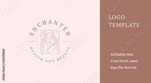 Romantic medieval woman natural beauty organic skin care circle place for text line art logo vector