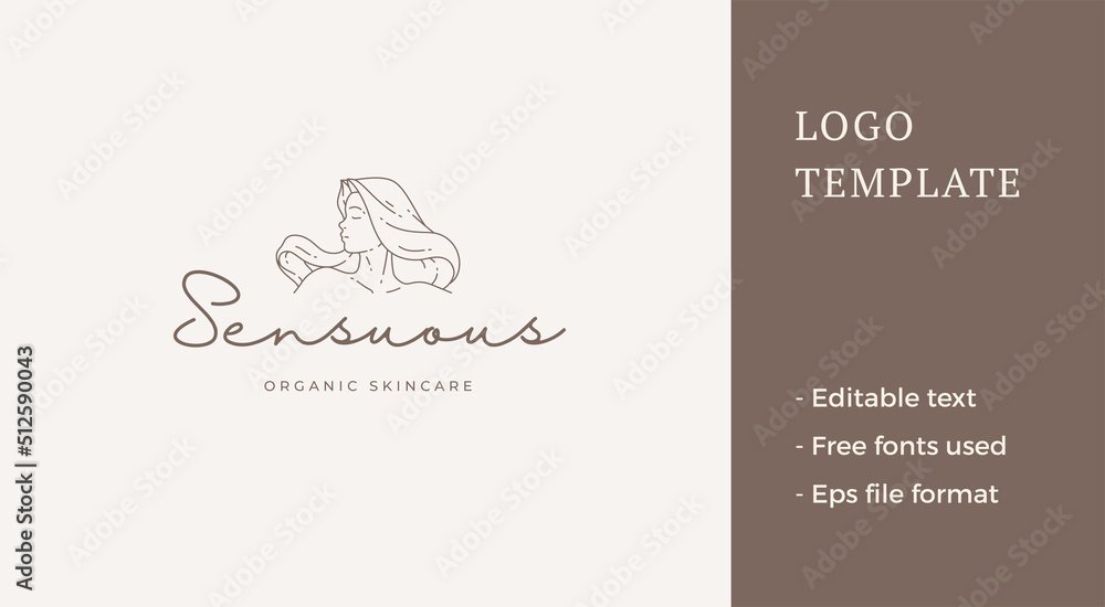 Romantic female with long beauty hair silhouette organic natural care line art logo vector
