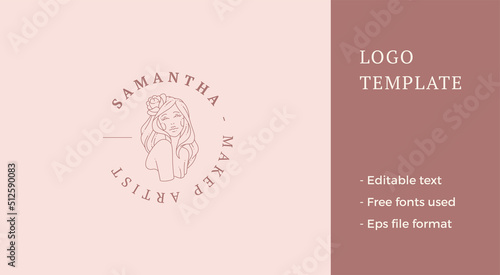 Gorgeous woman with rose flower in long hair portrait posing circle place for text line logo vector