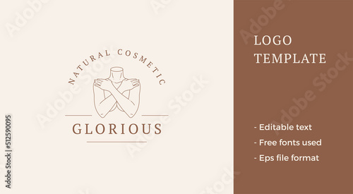Antique female sculpture hiding naked breast by crossed hands minimalist line art logo vector