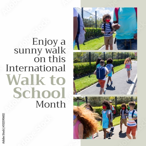 Children wearing masks and walking and enjoy a sunny walk on this international walk to school month