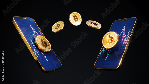 Bitcoin transactions on smartphone, btc blockchain cyptocurrency, Trading app on mobile phone next to bitcoin coins, crypto money send 3d Rendering.