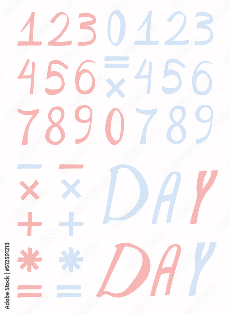 Hand-drawn numbers from 0 to 9, math signs and letters D, A, Y in two colors: pink and light blue. All elements are isolated on white background Hand-drawn numbers from 0 to 9, math signs and letters D, A, Y in two colors: pink and light blue. All elements are isolated on white background