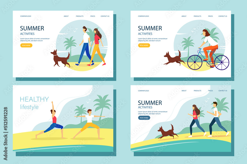 Summer activity web banners set. The concept of an active and healthy lifestyle. Vector illustration.
