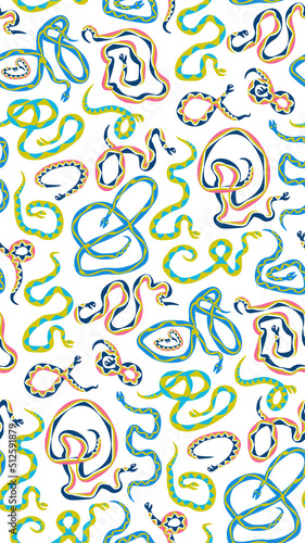 Funny wavy ornamental snakes in cartoon flat style on white background. Cute seamless pattern perfect for decor of children baby room, textile, fabric, bedding, package, wallpaper. 