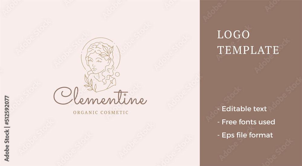 Fototapeta premium Elegant medieval female bust curly hair decorated tropical leaves natural branches line logo vector