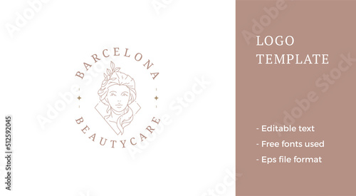 Elegant female medieval goddess head bust with romantic botanical blossom flowers line logo vector