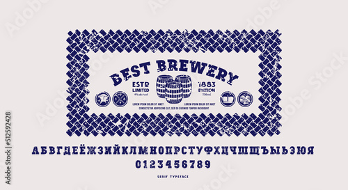 Cyrillic serif font in classic style and beer label template