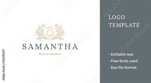 Luxury abstract blossom photo video camera female beauty blog romantic design line art logo vector