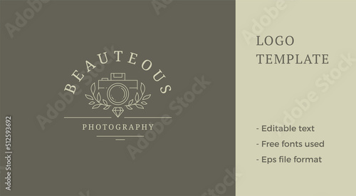 Minimalist premium photo video camera botanical laurel wreath and gem diamond line art logo vector