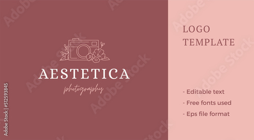 Gorgeous photo camera lens blossom botanical beauty blog line art emblem vector illustration